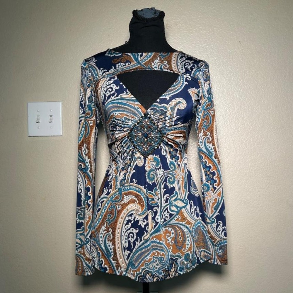 Venus Paisley Beaded Long Sleeve Top Navy Blue Brown Teal Boho Y2K XS